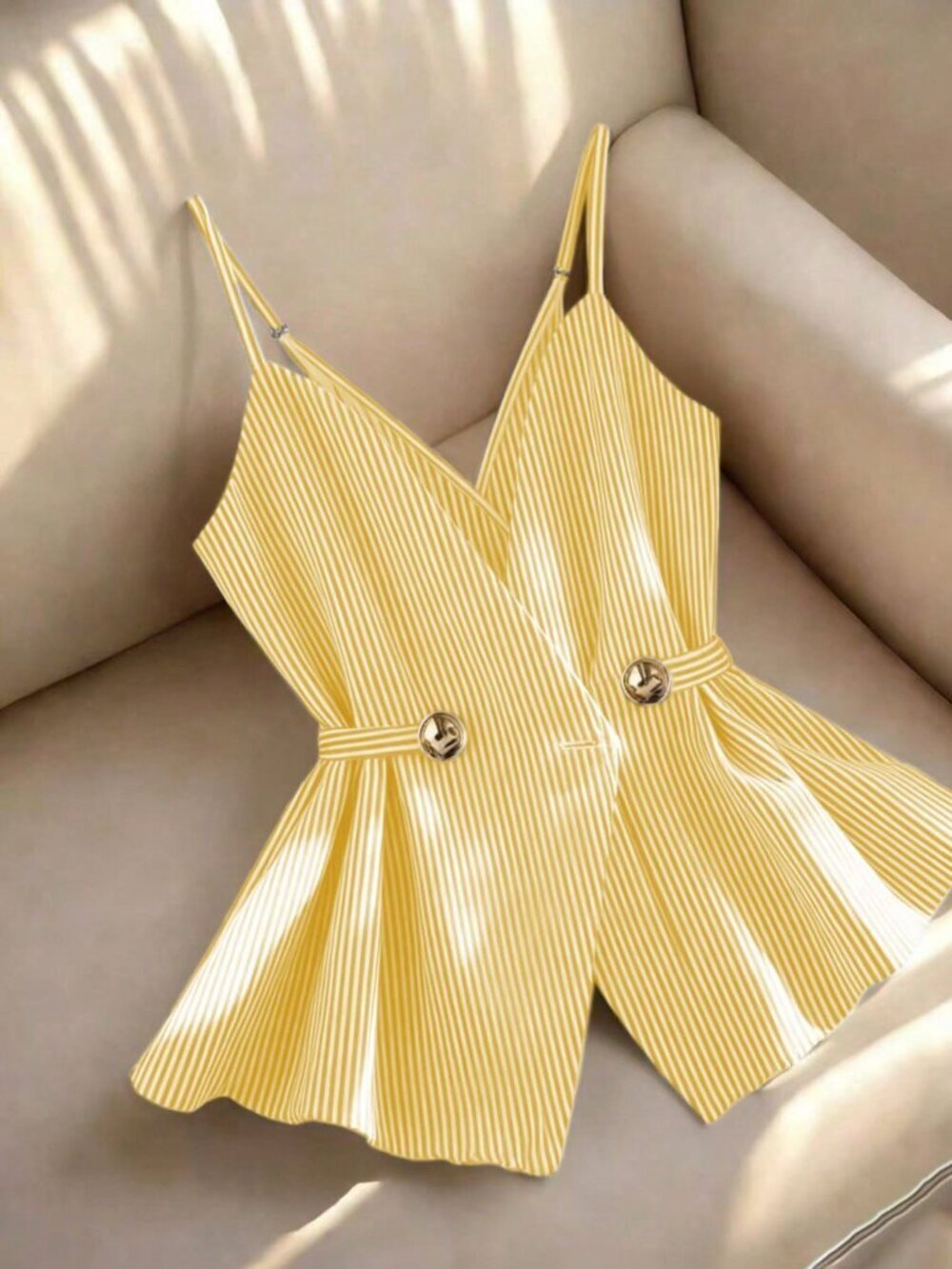 Yellow Casual Women's Striped Button Decor Camisole